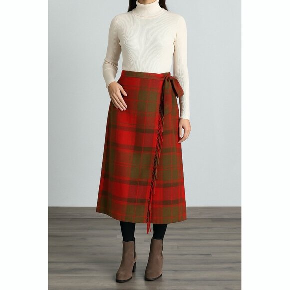 Spiegel Dresses & Skirts - Vintage Spiegel Plaid Midi Wrap Skirt Size 14 Red Green Tartan Fringe Holiday